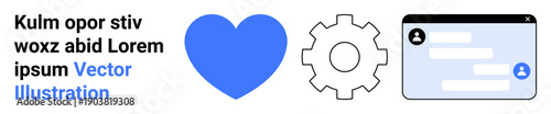 Communication, technology, user interaction, online messaging, teamwork, web services. A blue heart, gear icon and a chat window with user profiles visible. Communication and technology