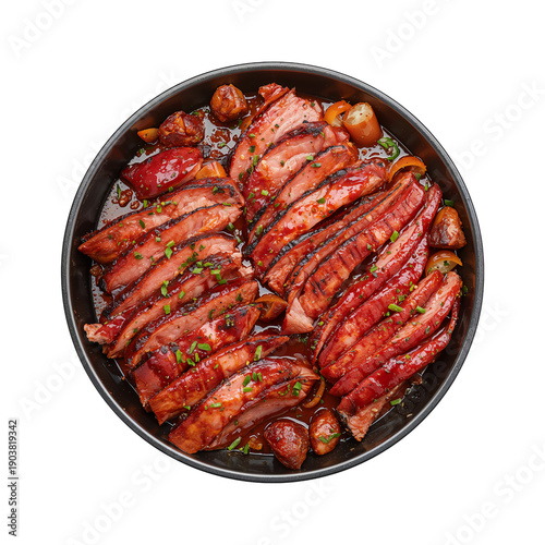 Tasty Meat Dish Served in a Round Black Plate With Potatoes and Herbs on a Wo...