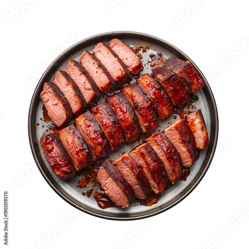 Tasty Meat Dish Served in a Round Black Plate With Potatoes and Herbs on a Wo...