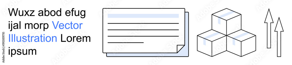 Fototapeta premium Data organization, workflow automation, business analytics, productivity, process optimization, growth strategy. Visual features include documents, cubes and upward arrows. Workflow automation