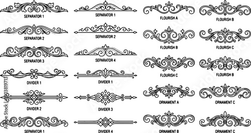 classic vintage ornamental divider and flourish set with elegant decorative separators detailed line art scrollwork and timeless typography elements for premium design