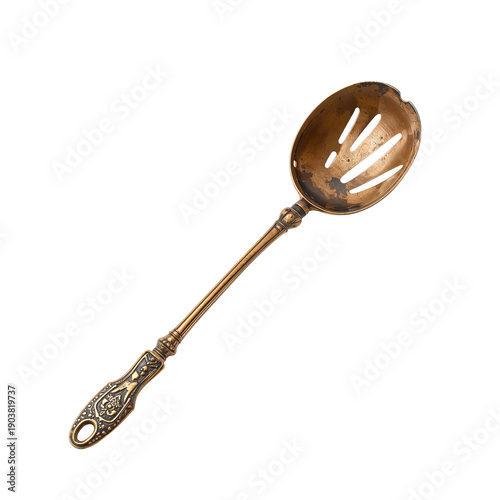 Silver Serving Spoon With Ornate Handle Placed on a Plain Background for Disp...