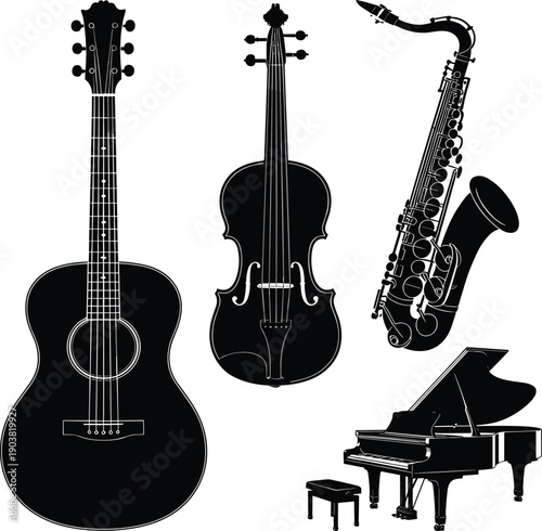 Black and white musical instruments including guitar violin saxophone and piano