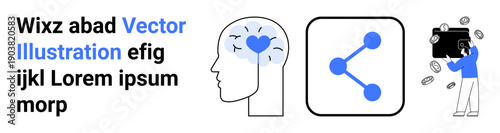 Creativity, technology, mental health, social sharing, photography, innovation. Graphic a brain with heart, share icon and person with a camera. Creativity and technology concept