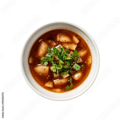 Bowl of Soup With Tofu and Herbs Placed on a Table in a Kitchen Setting Durin...