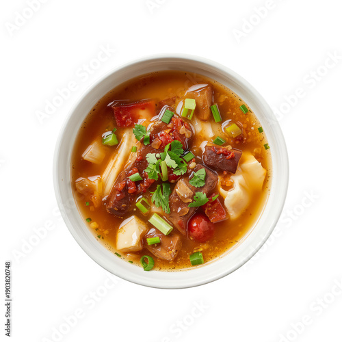 Savory Stew in a White Bowl With Green Herbs and Colorful Ingredients on a Si...