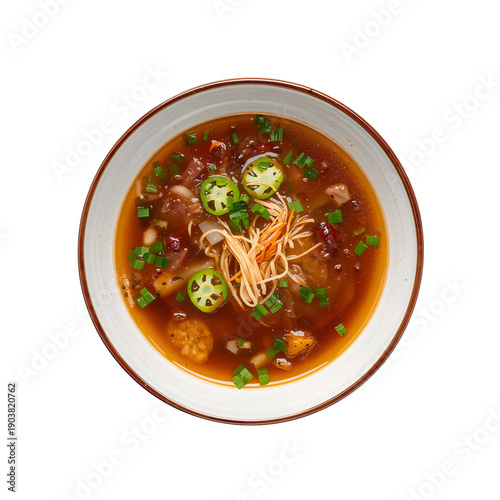 Savory Stew in a White Bowl With Green Herbs and Colorful Ingredients on a Si...