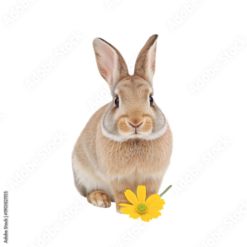 Rabbit Sitting Next to a Yellow Flower on a White Background in a Simple Setting