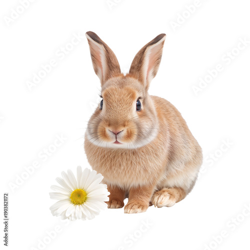 Rabbit Sitting Next to a Yellow Flower on a White Background in a Simple Setting