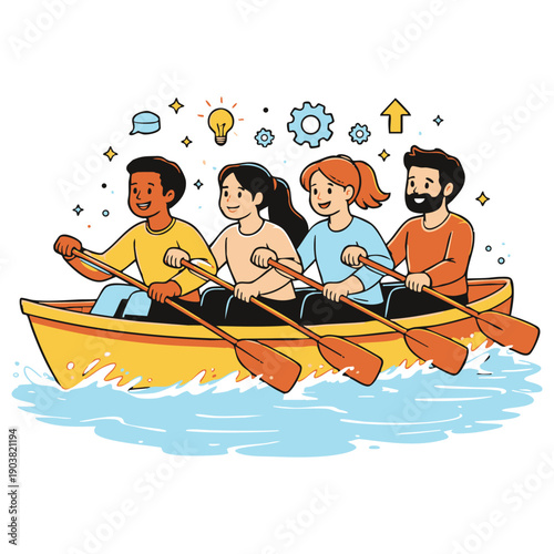 Teamwork and Leadership Concept with People Rowing Boat Together