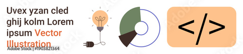 Innovation, technology, data analytics, coding concepts, development, and design. Lightbulb idea, segmented pie chart coding symbol. Innovation and technology for creative projects