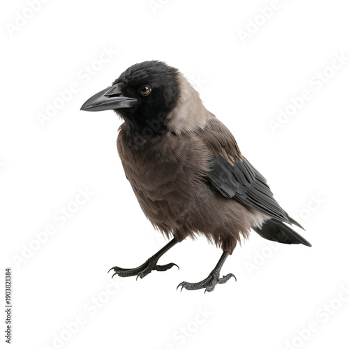 Crow Stands on White Background Showing Its Distinct Features and Posture