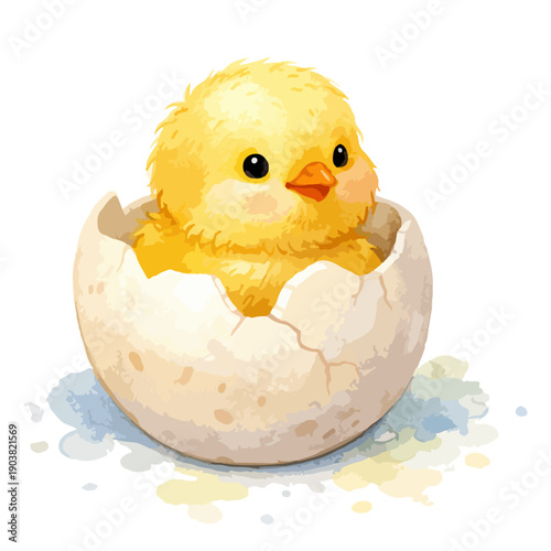 Cute watercolor vector illustration of a baby Easter chick hatching from an eggshell. Adorable spring character isolated on white background. Perfect for Ester designs, greeting cards, nursery decor