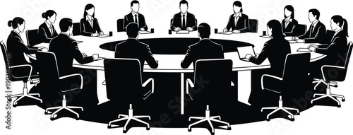 Corporate board of directors meeting around round table, business professional team collaboration, executive leadership discussion, office conference vector illustration design elements bundle