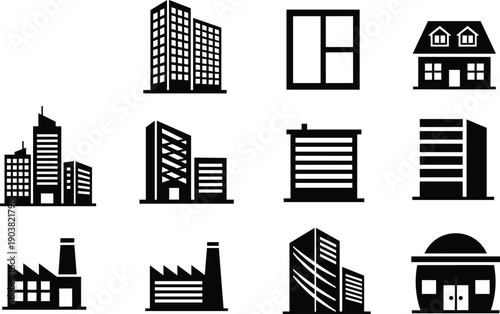 Modern building icons set, black architectural silhouettes, skyscraper and apartment symbols, factory and residential house shapes, urban city skyline vector illustration design elements