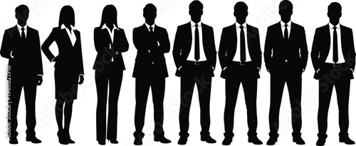 Professional business team silhouettes, corporate men and women in formal suits standing, diverse group of office employees, successful executive staff, leadership and partnership concept