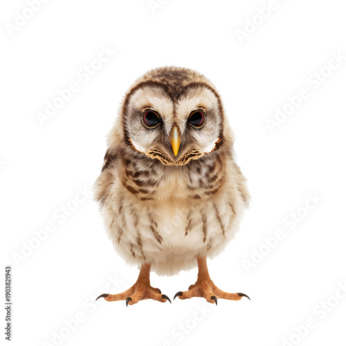 Young Owl Stands on Its Feet With Fluffy Feathers in a Bright Setting