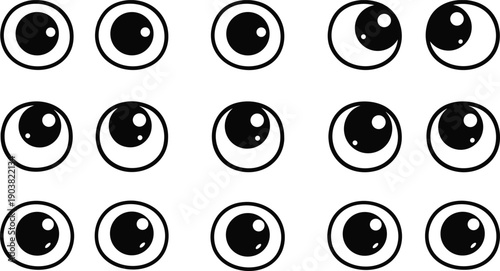 Cartoon googly eyes set, funny comic eye collection, cute round eyeball icons, various gaze directions, staring faces, vector illustration design elements