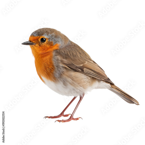 Small Bird With Orange and Grey Feathers Standing on White Background