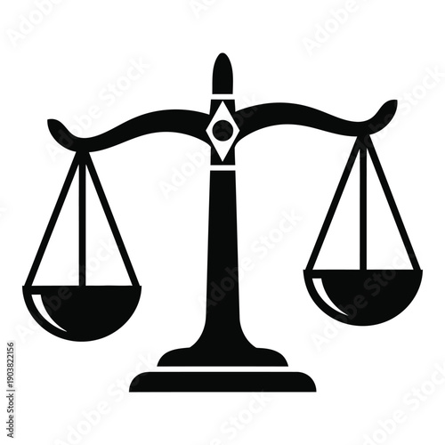 Black and white scales of justice with symmetrical balance pans symbol monochrome des