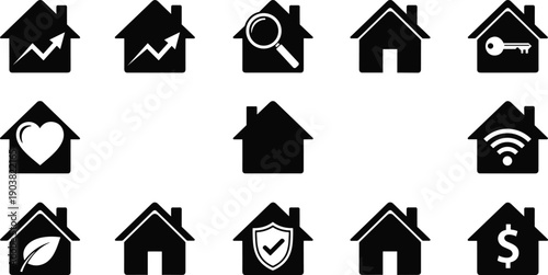 Real estate house icons set, black home silhouettes with symbols, property market signs, mortgage and security concepts, vector illustration design elements