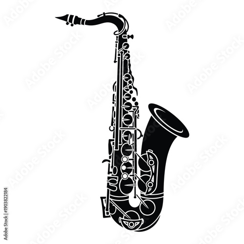 Black and white silhouette of a saxophone with intricate cutout details musical instrument de