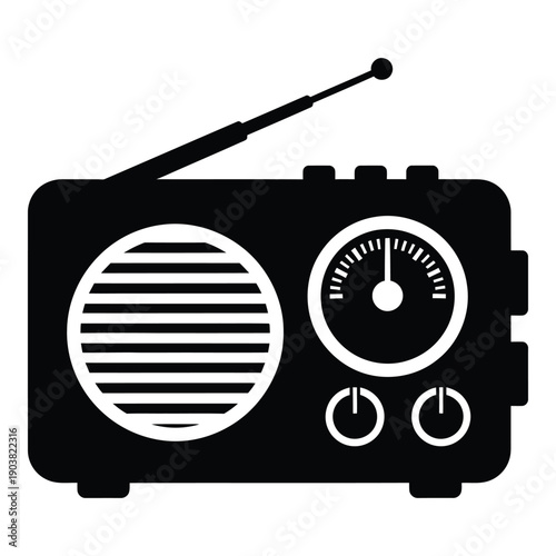 Black and white vintage radio receiver front view with tuning dial and speaker monochrome des