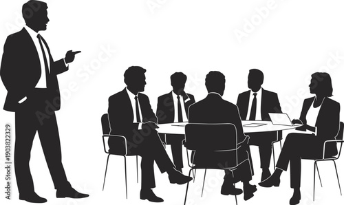 Business professional presenting to team meeting around round table, corporate leadership silhouette, men and women discussing office strategy vector illustration design elements bundle