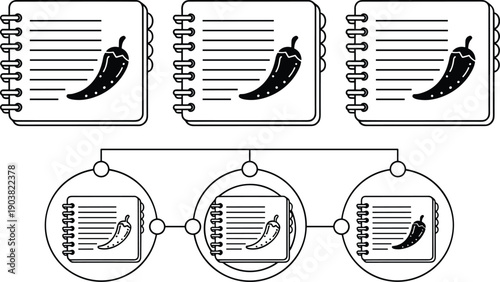 Spicy recipe notebook icons set, chili pepper cookbook symbols, culinary note pages, hot food menu design elements, vector illustration spice level indicators