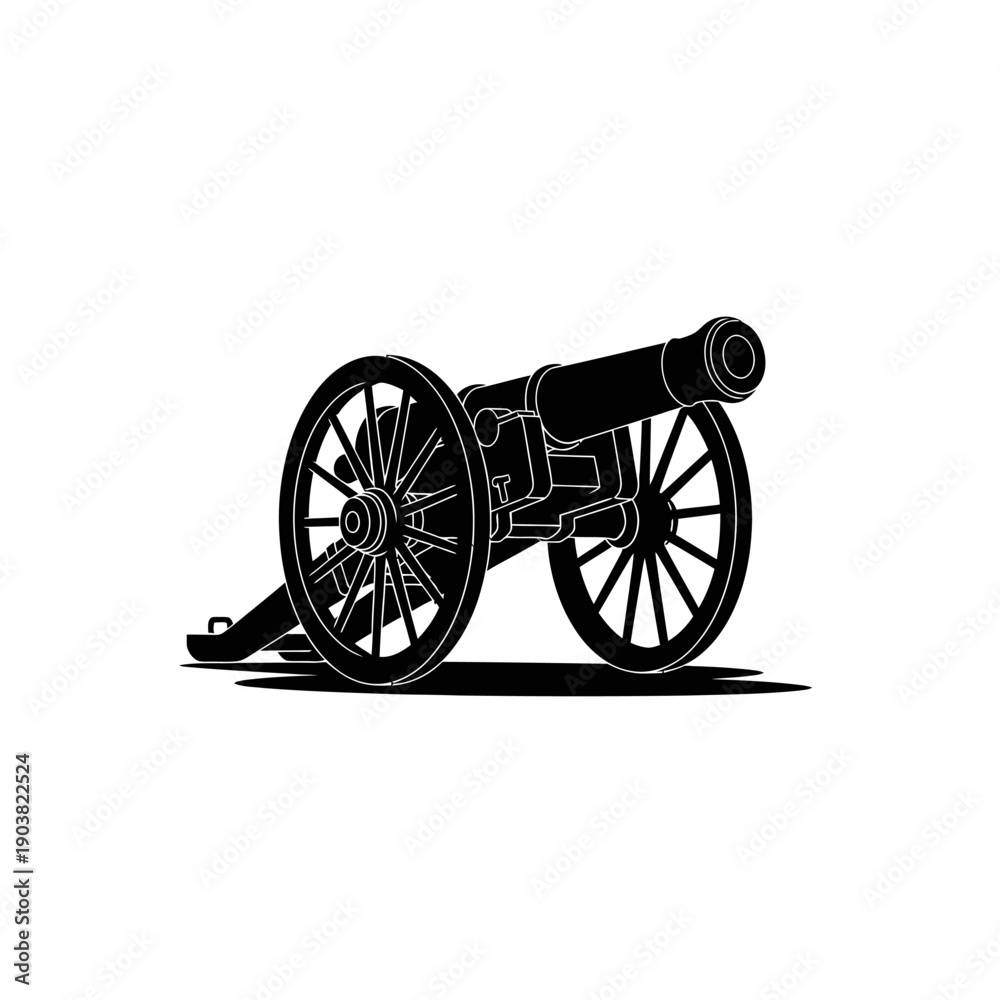 Fototapeta premium Vintage cannon illustration in black and white side view with detailed wheels