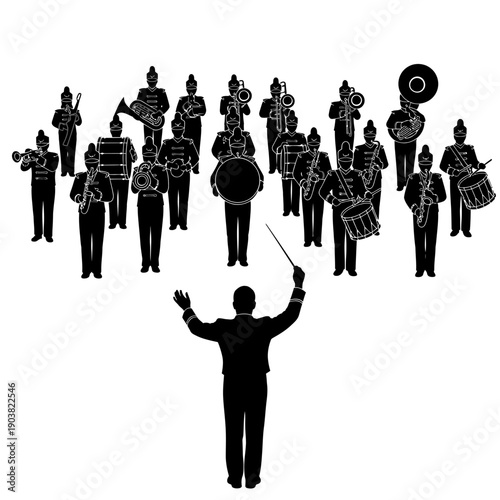 A black and white illustration of a marching band with a conductor