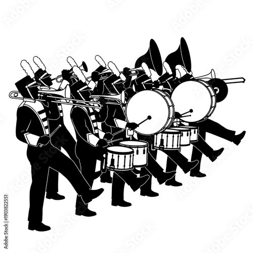 A marching band procession featuring brass and percussion instruments