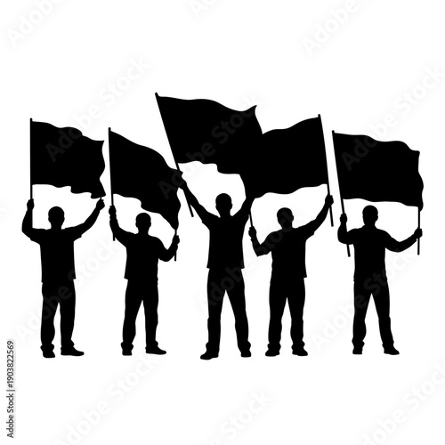 Silhouettes of people raising black flags in a unified demonstration