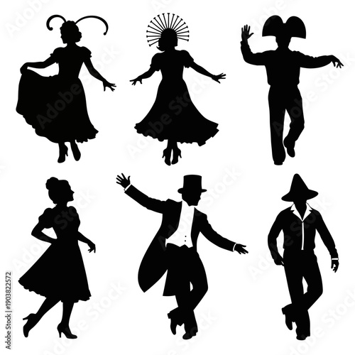 Silhouettes of dancers in various poses and traditional costumes