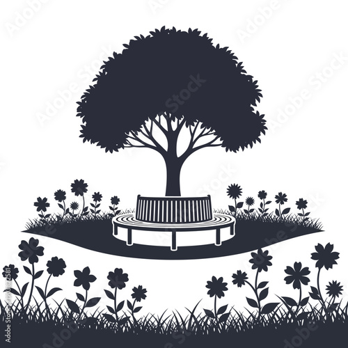 A stylized black silhouette of a tree and circular park bench