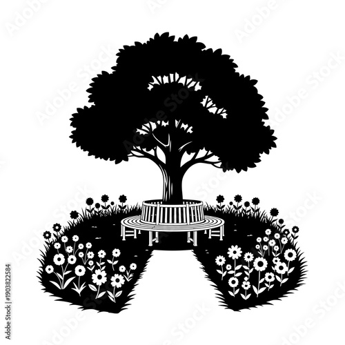 A black and white illustration of a tree bench and floral landscape