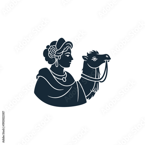 Silhouette of a woman riding a camel in a vintage style