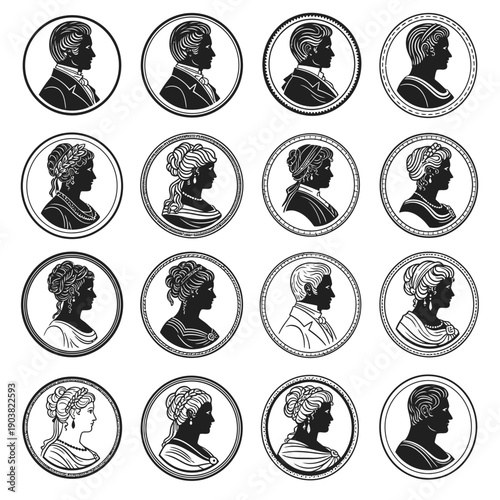 Cameo silhouettes of diverse individuals in circular frames displayed in a grid