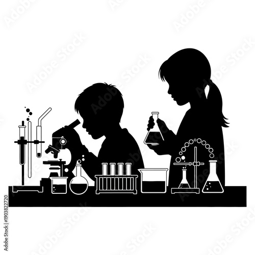 Silhouette of children conducting a science experiment in a laboratory