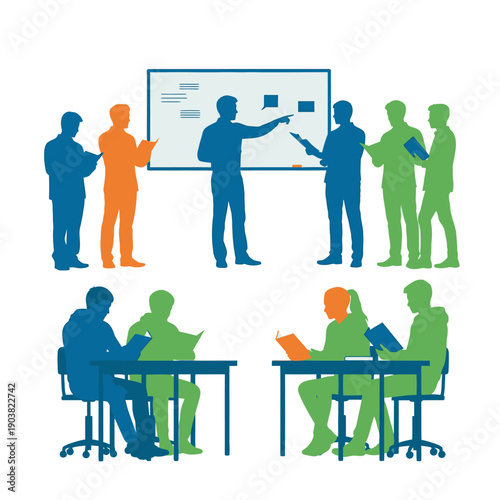 Silhouettes of people in a classroom and presentation setting