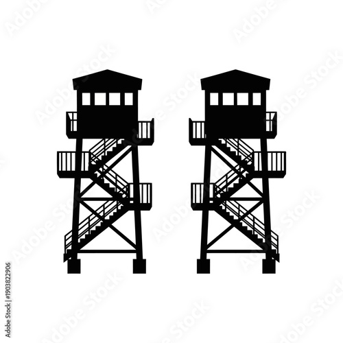 Two black silhouette watchtowers stand prominently against a white background