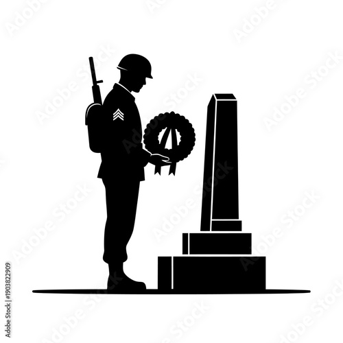 Silhouette of a soldier paying respects at a war memorial grave