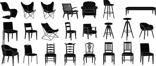 Furniture silhouette icons set, modern and classic chairs stools bench table, black vector illustration isolated for interior design use