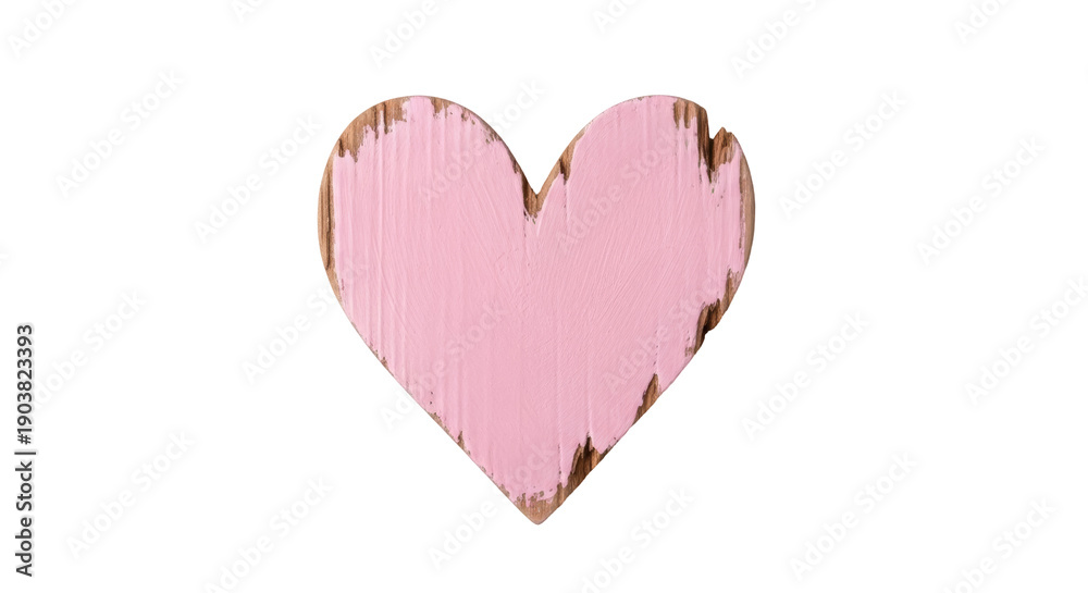 Fototapeta premium Pink wooden heart isolated PNG on transparent background, rustic love symbol for Valentine s Day and romantic design projects