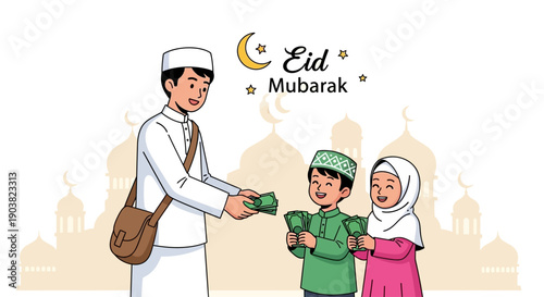 Man giving money to children on Eid Mubarak celebration