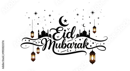 Eid Mubarak celebration with lanterns and mosque silhouettes