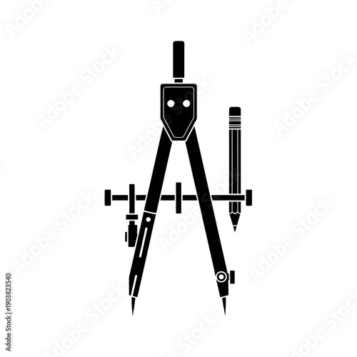 A black silhouette of a drafting compass with a pencil attached