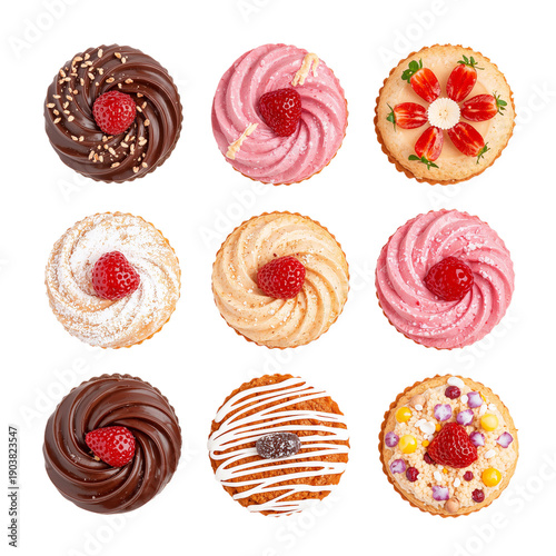 Variety of Colorful Cupcakes With Strawberries Arranged in a Grid on a White ...