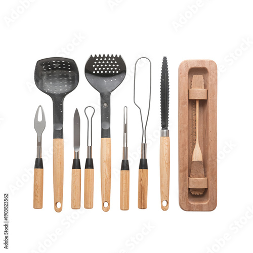 Kitchen Tools Arranged on a Plain Background for Cooking and Baking Activities
