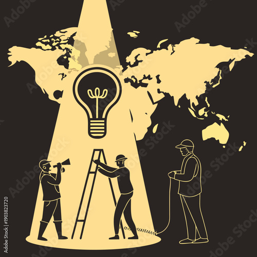 Team Installing Lightbulb Over World Map - Global Innovation Concept